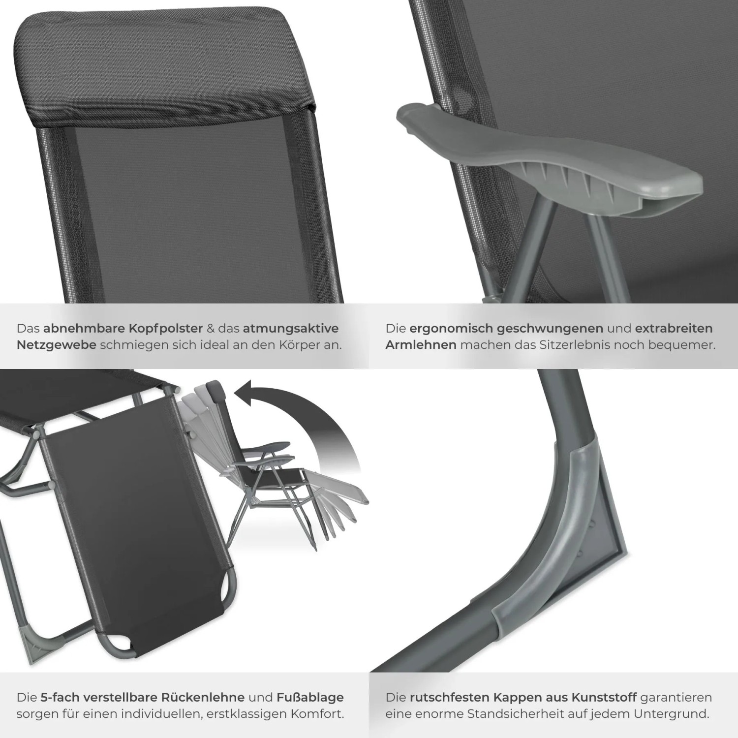 Tectake Gartenstuhl Anthrazit: klappbar, verstellbare Rückenlehne, Fußteil, Kopfpolster, Aluminiumgestell.