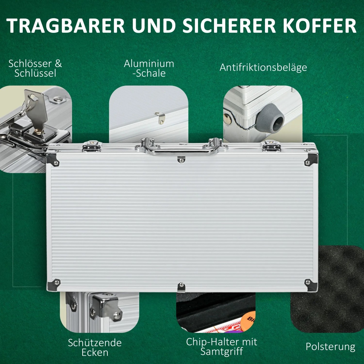 Silberner Aluminium Pokerkoffer mit Schlössern, schützenden Ecken und Polsterung. Sicherer, tragbarer Poker Set Koffer.