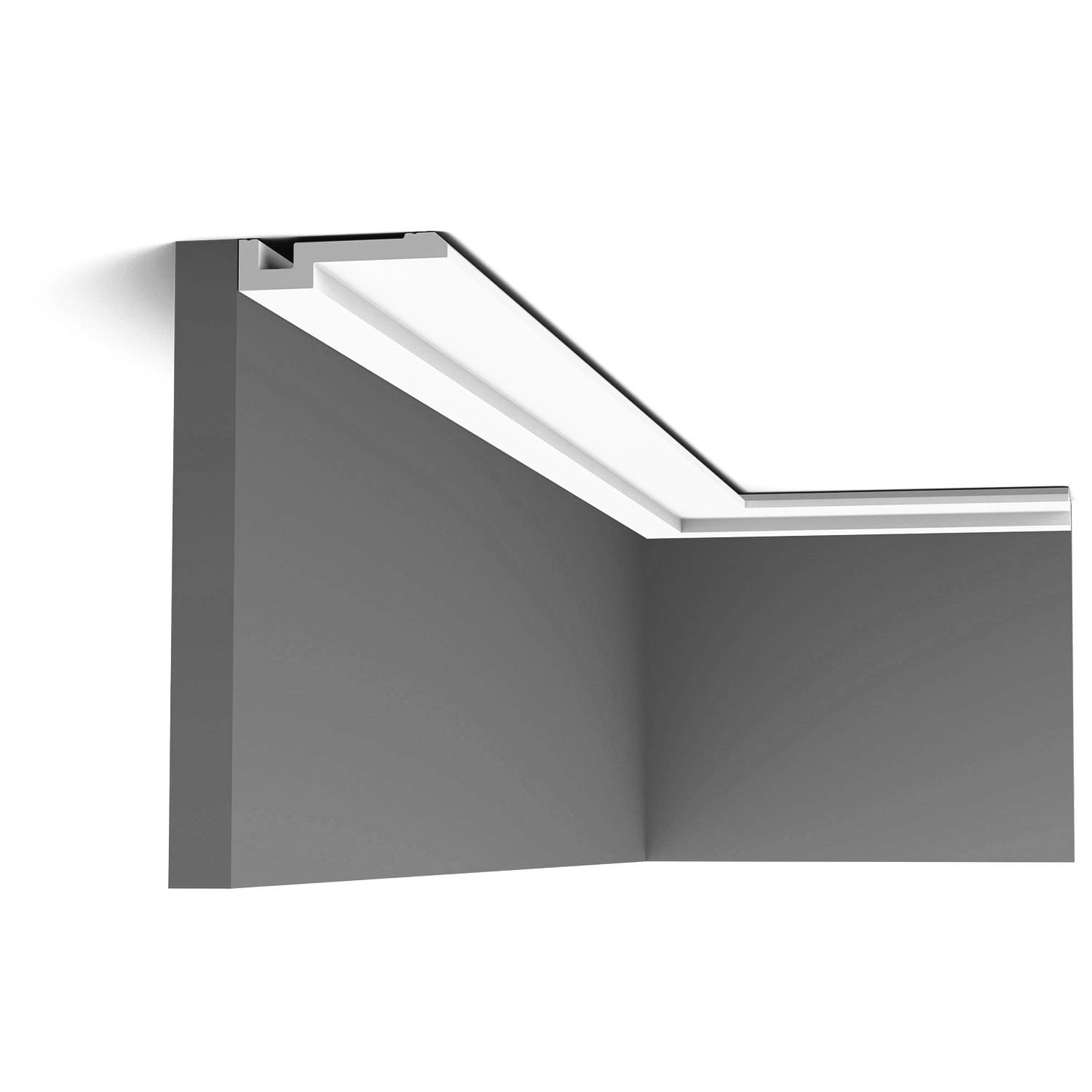 Weiße ORAC DECOR Wandleiste PX198 MODERN, U-Form, als Zierleiste oder Sockelleiste an Wand montiert.
