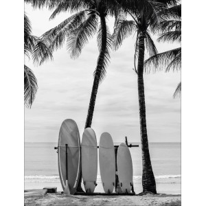 Pro Art Dekopanel Surf Feeling IV, 40x30 cm, Schwarz-Weiß-Bild mit Surfbrettern am Strand.