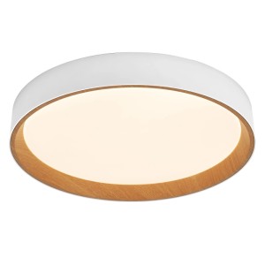 Runde Osram LED-Deckenleuchte Orbis Larios, weiß mit Holzdekor-Ring, warmweiß leuchtend, dimmbar.