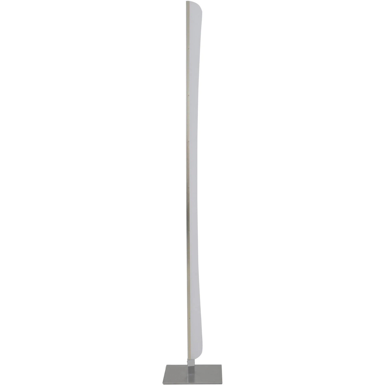 Schlanke, chromfarbene LED-Stehleuchte Bones 2 mit Acrylglas-Schirm für warmweißes Licht.