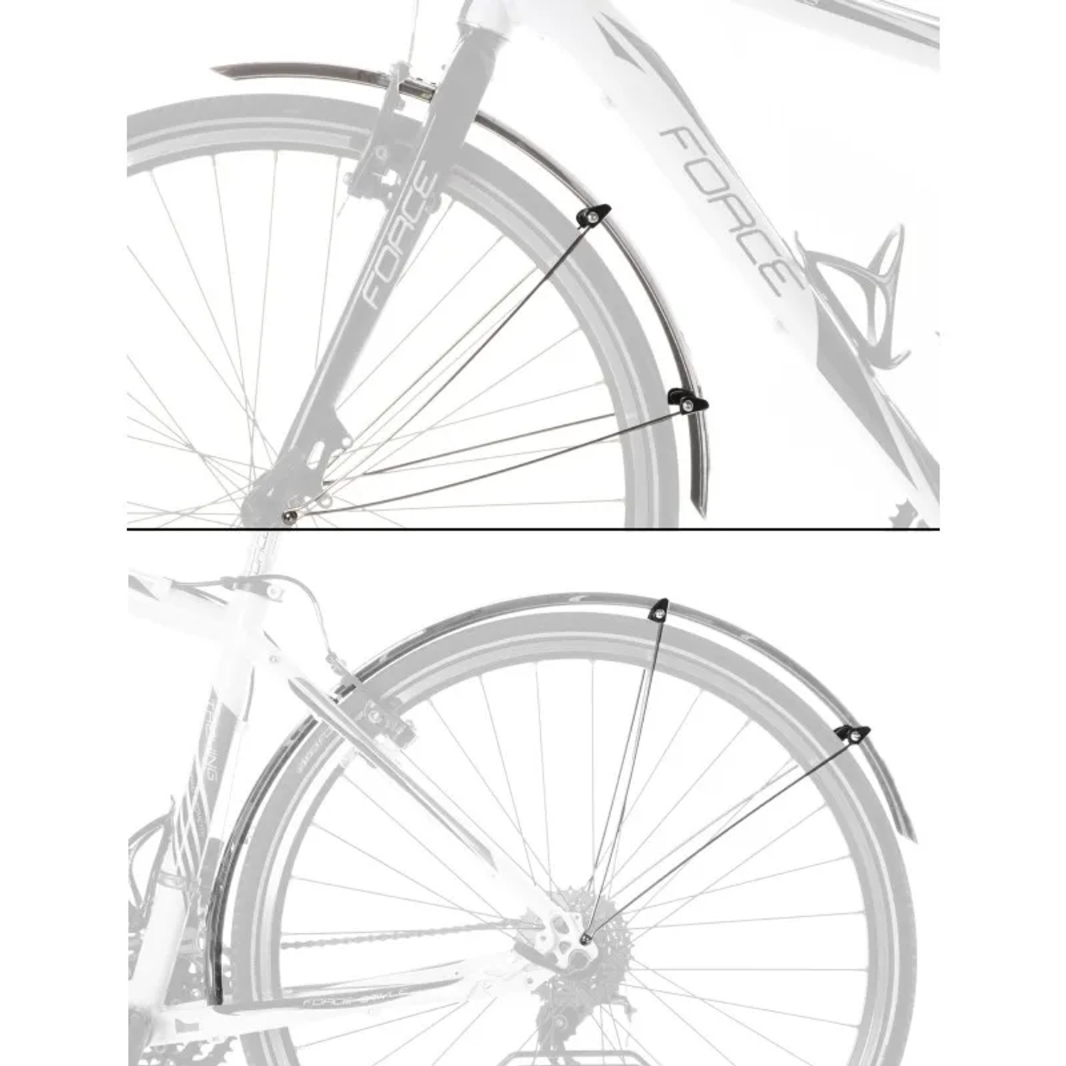 Force Schutzbleche 28 Zoll, 48mm breit, mit Streben am Vorder- und Hinterrad eines Fahrrads.