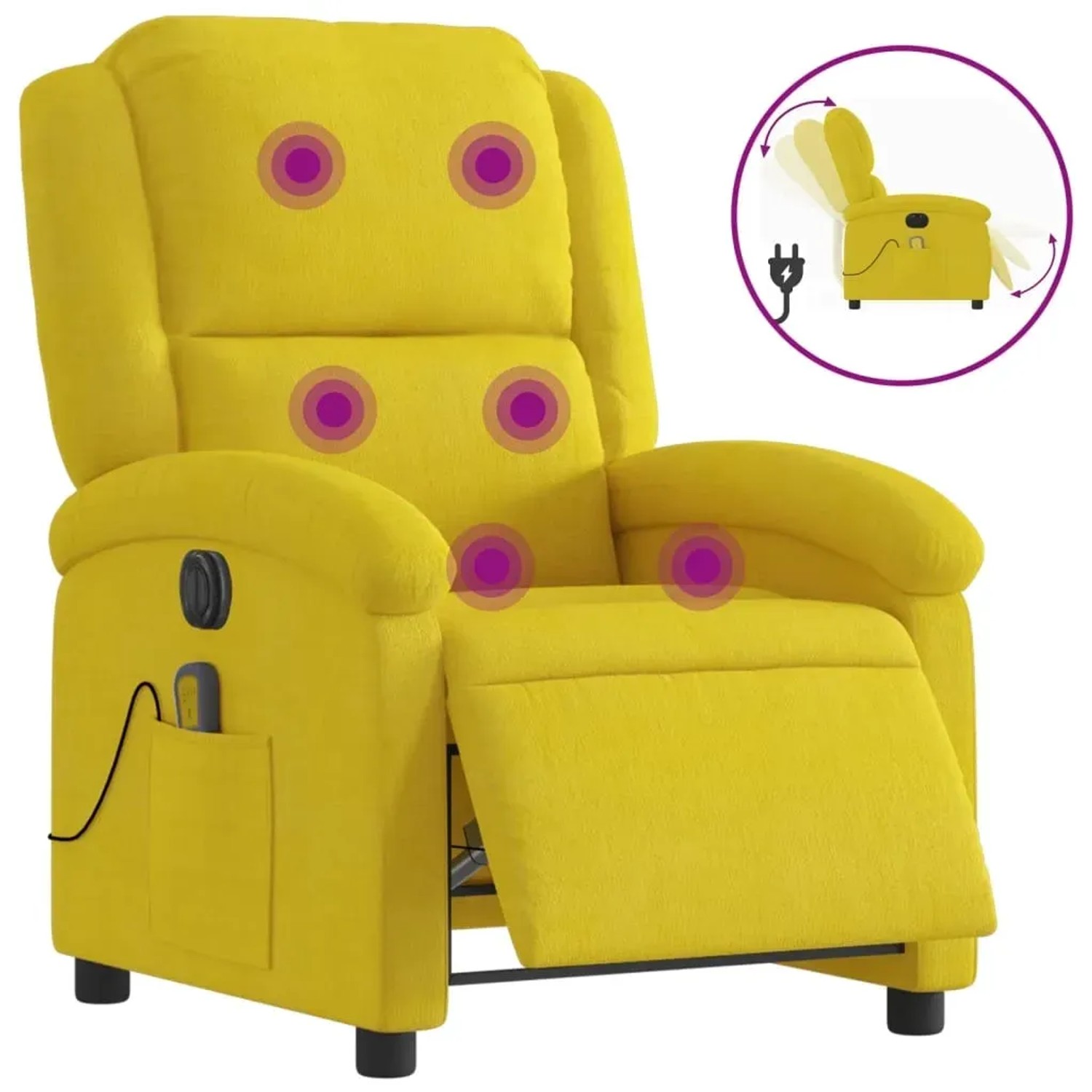 Gelber elektrischer Massagesessel aus Samt mit Vibrationsfunktion und verstellbarer Rückenlehne.