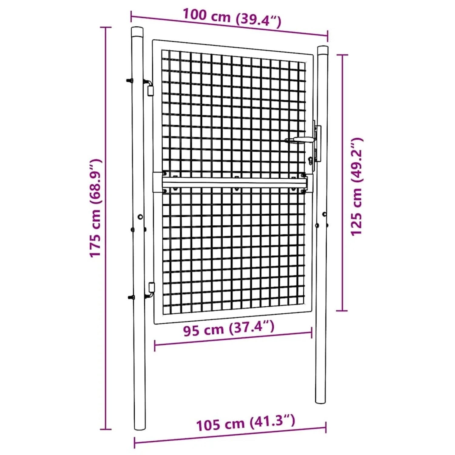 Grünes Zauntor aus pulverbeschichtetem Stahl, 100x125 cm, mit Pfosten. Maße: Tor 100x125 cm, Pfosten 175 cm.