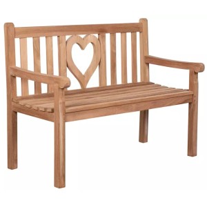 Gartenbank Herz aus Teakholz mit Herzmotiv in der Rückenlehne.