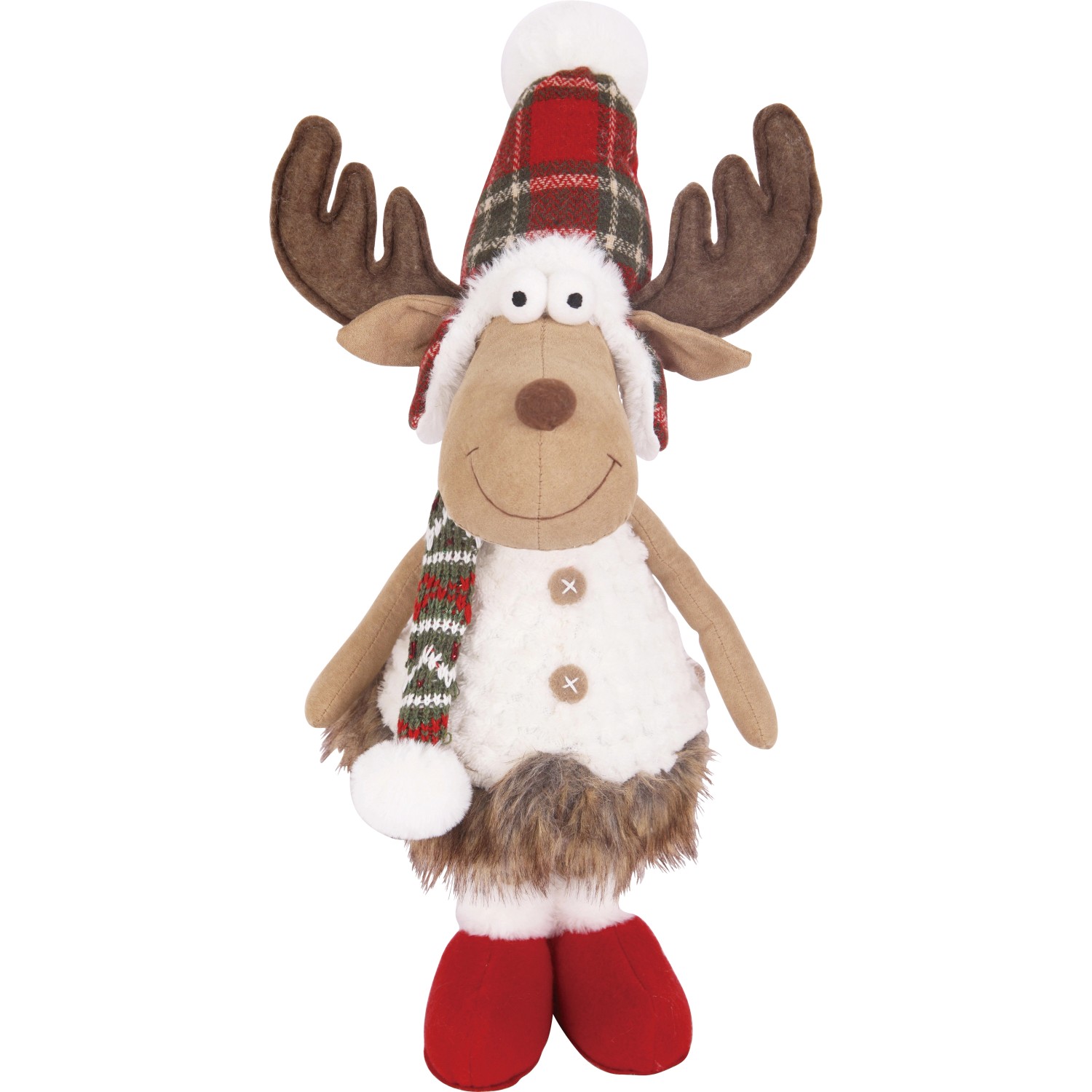 Stehendes Stoff-Rentier in Rot-Grün mit Mütze und Schal als Weihnachtsdekoration.
