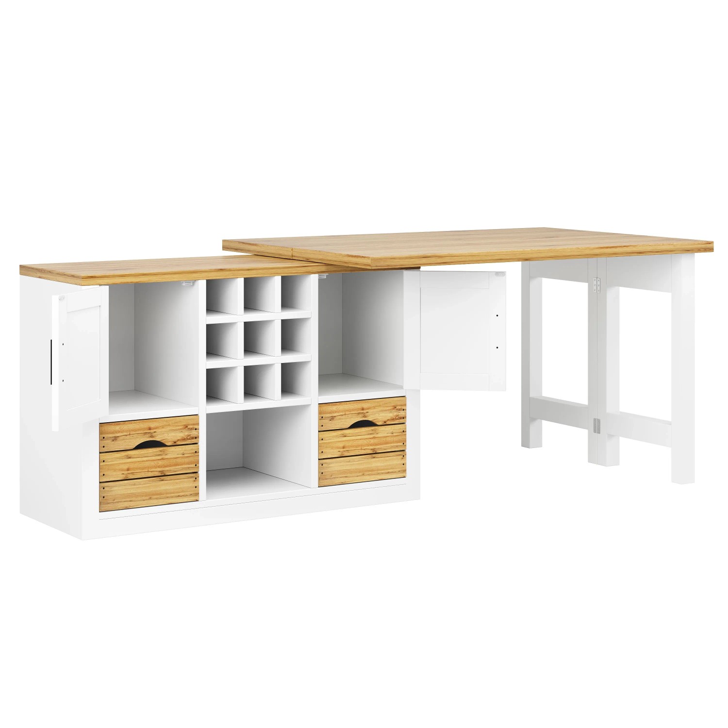 Merax Ausziehbarer Kücheninsel-Esstisch mit Sideboard  360° Tischplatte  Stauraum  Weiß