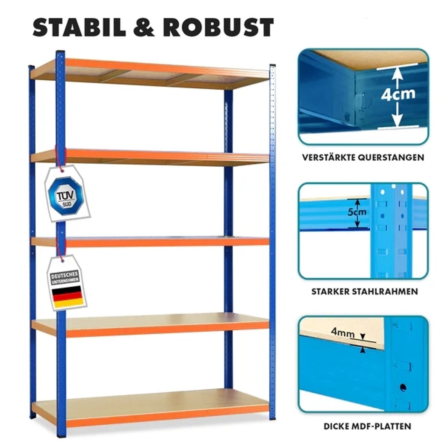 Blau-oranges Schwerlastregal mit 5 Böden, Traglast bis 875 kg, ideal für Keller, Garage oder Werkstatt.