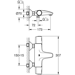 Technische Zeichnung der Grohe QuickFix Thermostat-Wannenarmatur Precision Trend Chrom mit Maßangaben.