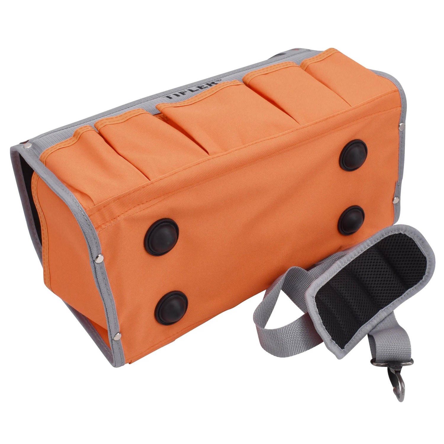 Tifler Werkzeugtrage 40 cm mit Schultergurt, orange, mit Taschen und Gummifüßen.