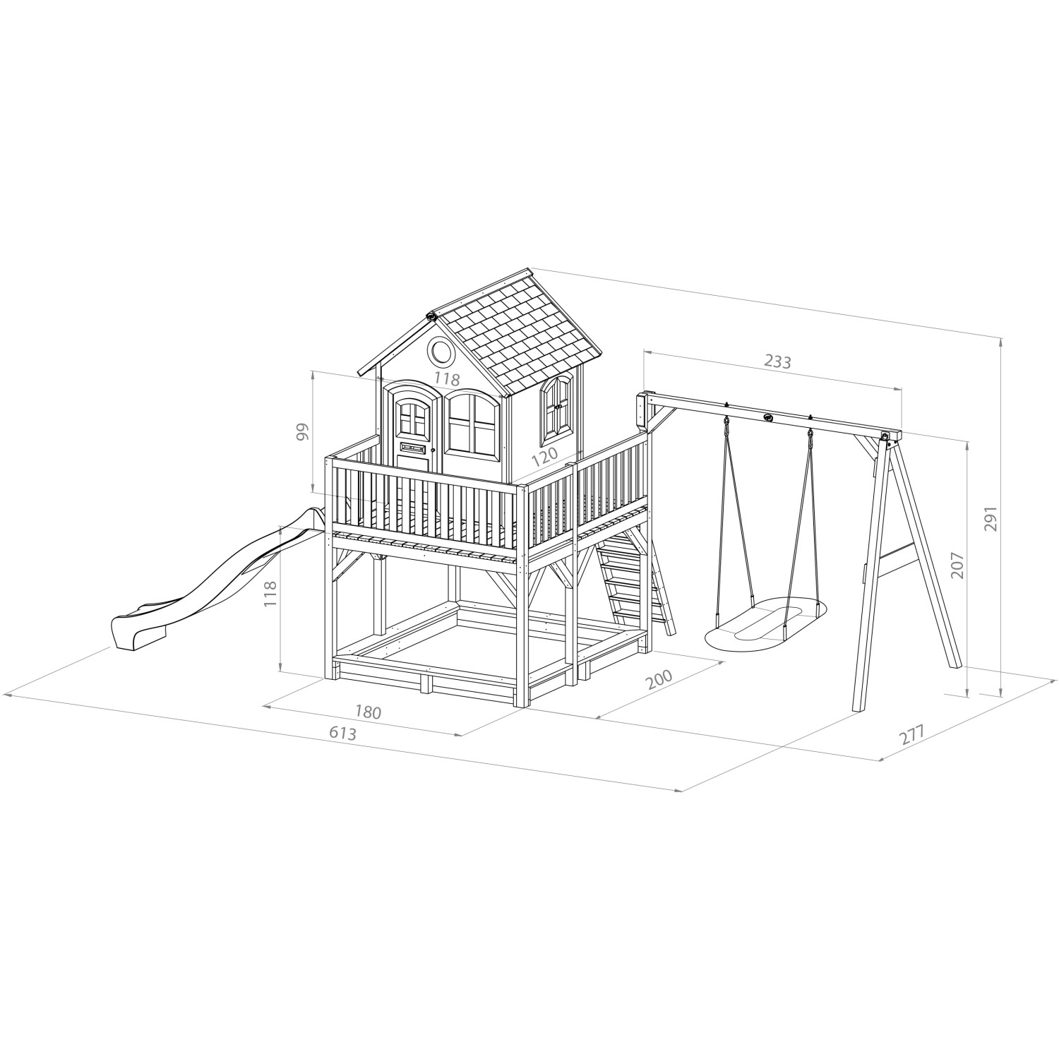Axi Liam Spielhaus mit Nestschaukel und Rutsche, braun-weiß, technische Zeichnung mit Maßen.