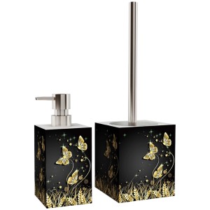 SANILO Bad Set mit Seifenspender und WC-Bürste, schwarzes Design mit goldenen Schmetterlingen.