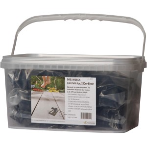 Dreamdeck Edelstahlclips im 250er-Eimer für Terrassendielen. Verdeckte Befestigung, schwarz beschichtet.