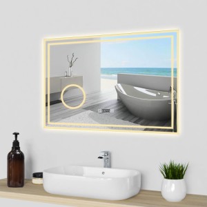 Aica Badspiegel 80x60 cm mit LED Beleuchtung, dimmbarer Uhr, Schminkspiegel & Touch-Funktion. Beschlagfrei.