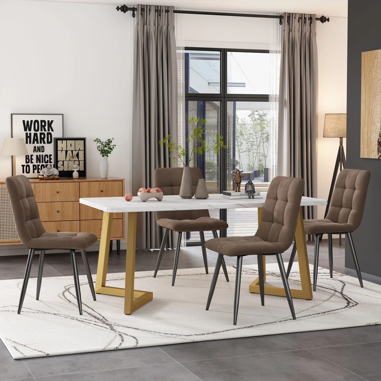 Merax Essgruppe 5-tlg mit 117x68cm Esstisch  4 Samtstühle Braun  Tischbeine Gold_2