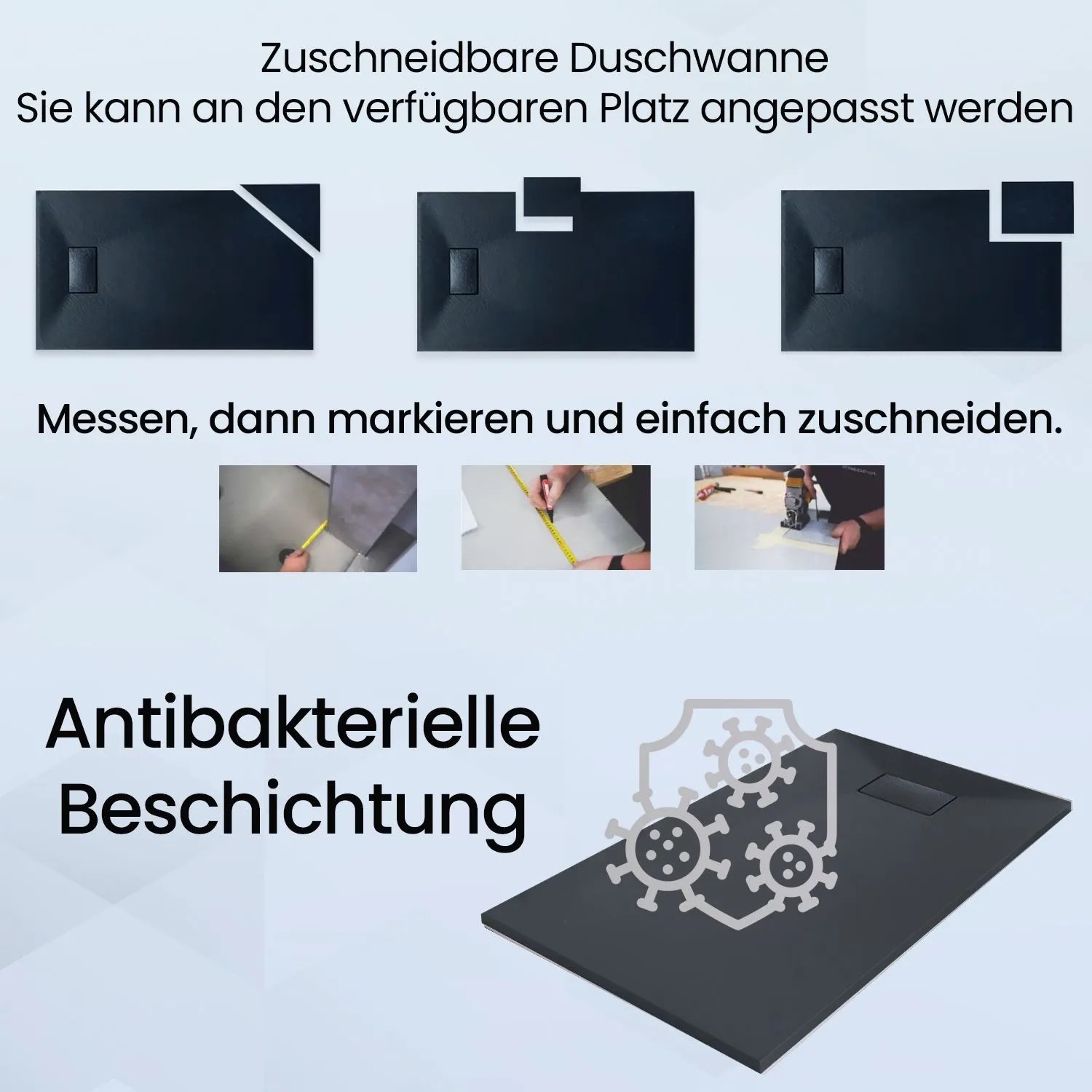 Schwarze, zuschneidbare Bad Land Duschwanne VIDAR mit Steinoptik. Zeigt Anpassung, Schneiden und antibakterielle Beschichtung.