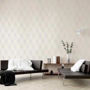 Helle Vliestapete mit Rautenmuster und Punkten im Wohnraum. Dekorative Tapete für Büro und Schlafzimmer.