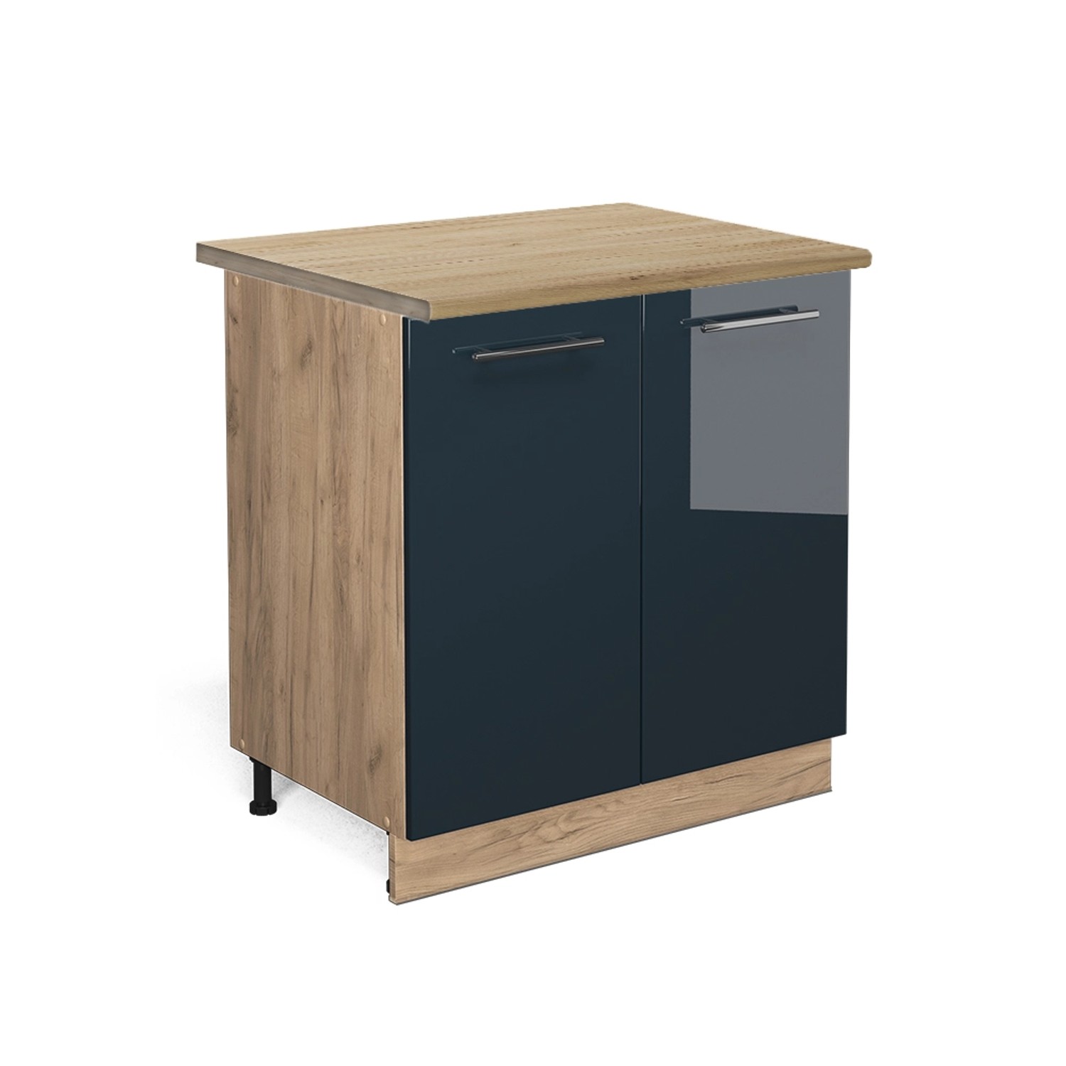 Vicco Spülenunterschrank Fame-Line Dunkelblau Hochglanz/Goldkraft Eiche 80 cm mit Regal AP Eiche