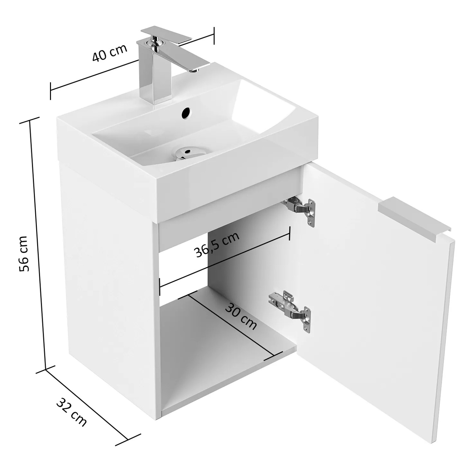 Posseik Badmöbel Cubi Slimline, 40 cm, weiß hochglanz, mit offenem Fach und geöffneter Tür.