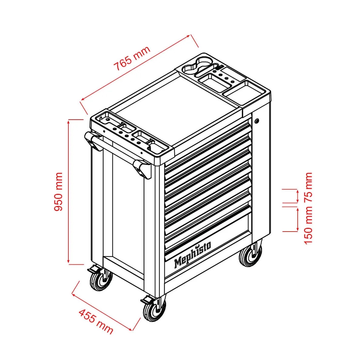 Abbildung des Mephisto Premium Werkzeugwagens mit 8 Schubladen und Ringschlüssel-Set, inklusive Maßangaben.