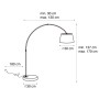 Skizze der schwarzen Bogenlampe Arc Basic von QAZQA mit goldenem Lampenschirm und Maßangaben.