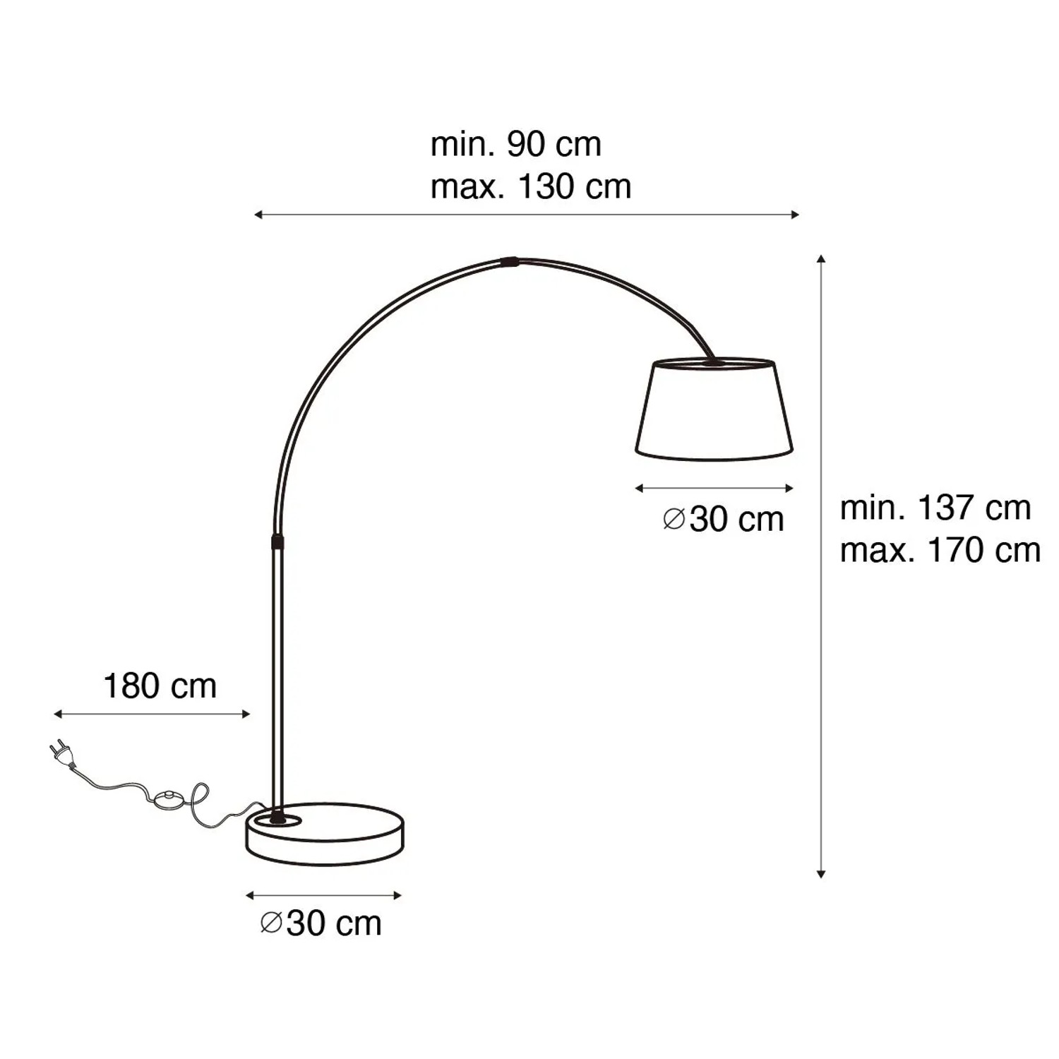Skizze der schwarzen Bogenlampe Arc Basic von QAZQA mit goldenem Lampenschirm und Maßangaben.