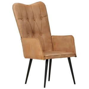 Brauner Ohrensessel von vidaXL aus Canvas mit Knopfdesign und schwarzen Füßen.