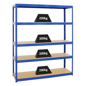 Blaues PROREGAL Schwerlastregal Giant Elephant mit 5 Böden, belastbar mit je 200 kg.