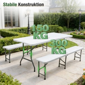 Sekey Bierzeltgarnitur, 180 cm, weiß, mit Tisch und 2 Bänken, klappbar und stabil.