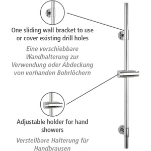 Wenko Duschstange Basic Chrom: Edelstahl Brausestange mit verstellbarem Brausehalter und verschiebbarer Wandhalterung.
