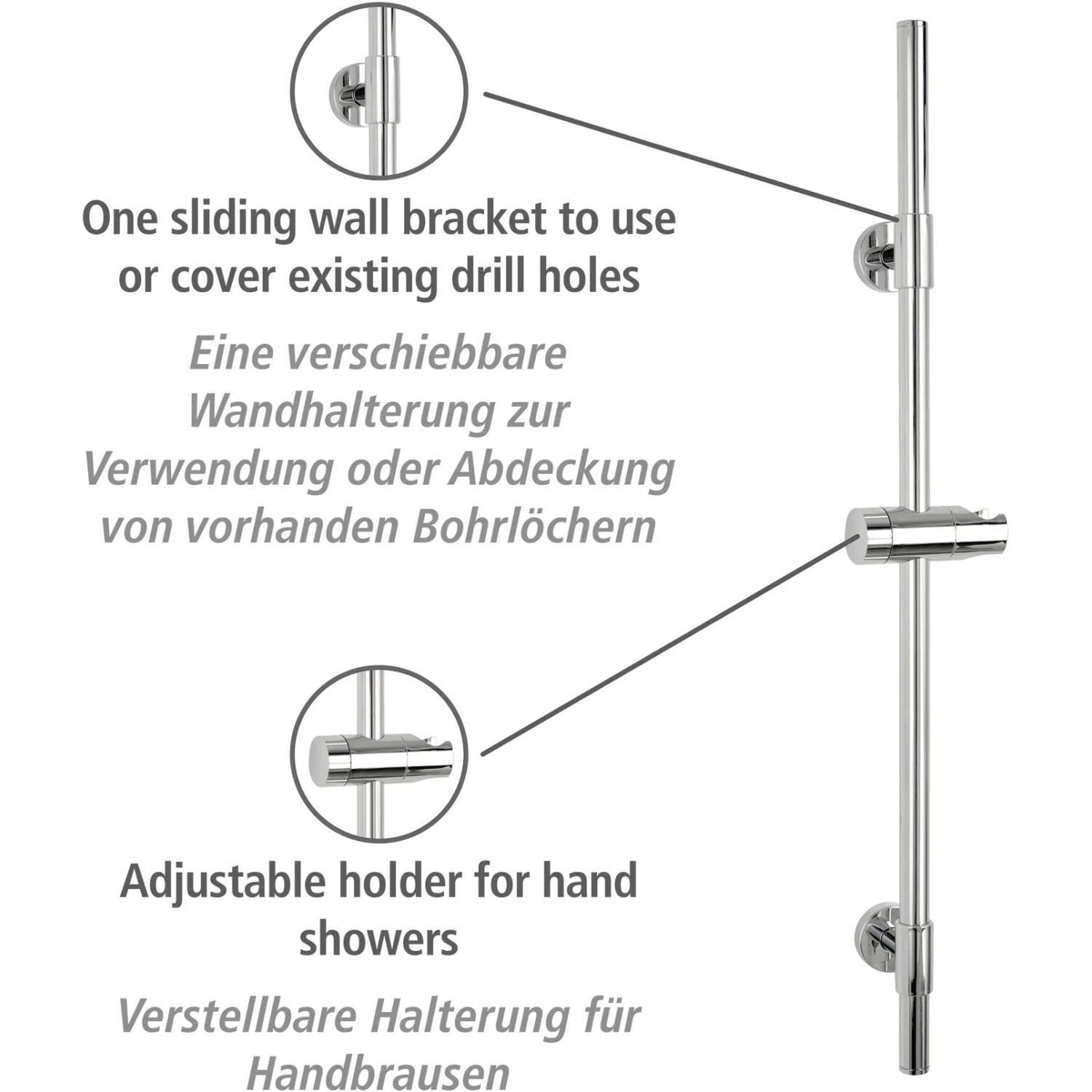 Wenko Duschstange Basic Chrom: Edelstahl Brausestange mit verstellbarem Brausehalter und verschiebbarer Wandhalterung.