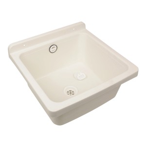 Sanitop-Wingenroth Ausgussbecken, 40 cm, aus weißem Kunststoff mit mittigem Ablauf.