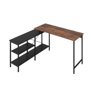L-förmiger Costway Schreibtisch mit Holzplatte und schwarzen Regalen.