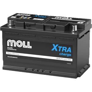 Schwarze MOLL XTRA Charge Starterbatterie 12V 85Ah 800A. Robuste Autobatterie für zuverlässigen Start.