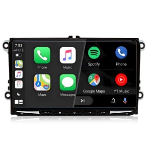 Junsun Autoradio für VW, Skoda, Seat. Schwarzes Touchscreen-Display mit Navigation, Musik-Apps und Bluetooth.