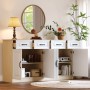 Modernes Sideboard 160 cm in Weiß/Holzoptik mit 4 geriffelten Türen und 4 Schubladen, offen im Wohnzimmer.