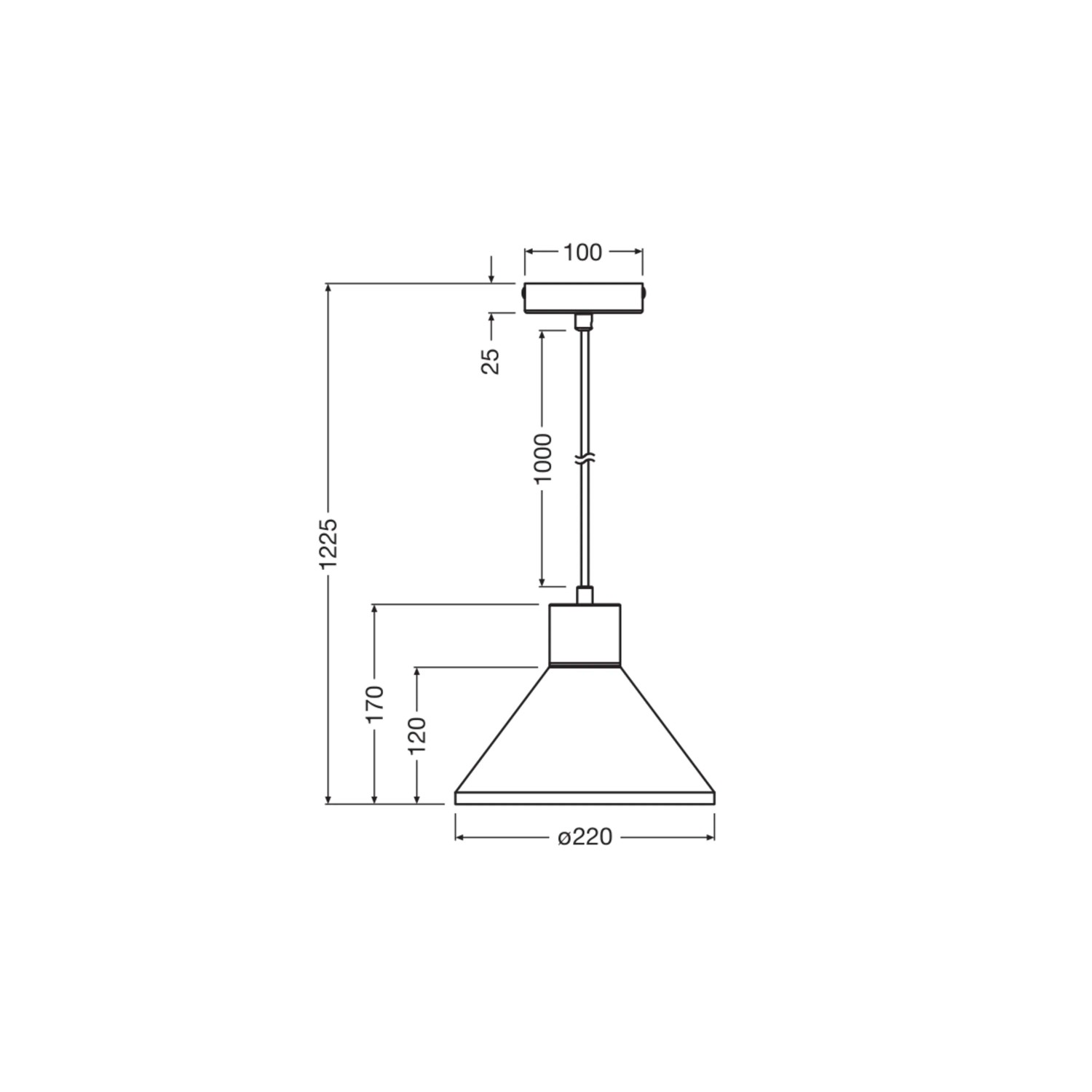 Technische Zeichnung der Ledvance Pendelleuchte Decor Concrete Wood Dunkelgrau, Maße: 122,5 cm x Ø 22 cm.