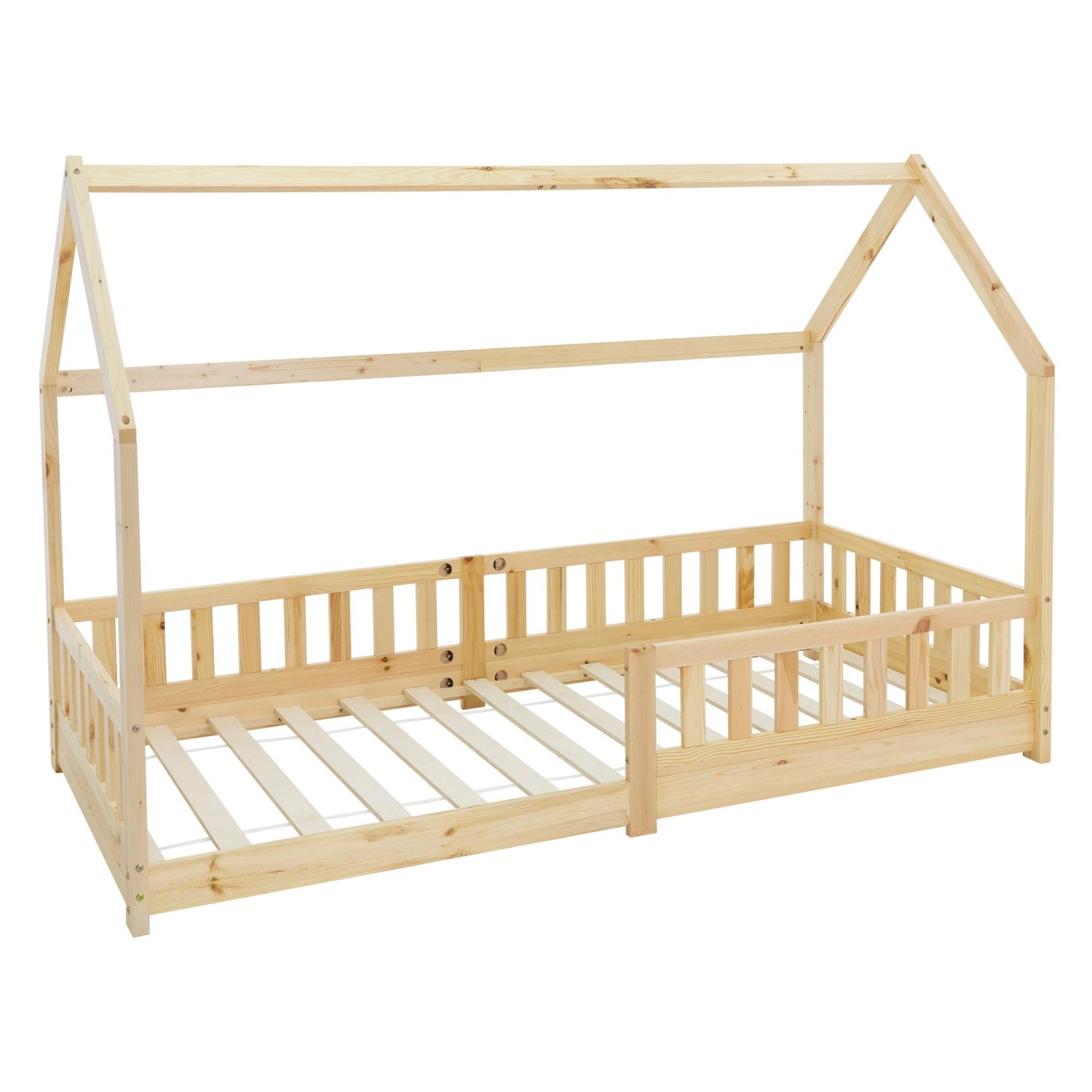 ML-Design Kinderbett 90x200cm mit Rausfallschutz Dach Lattenrost Natur