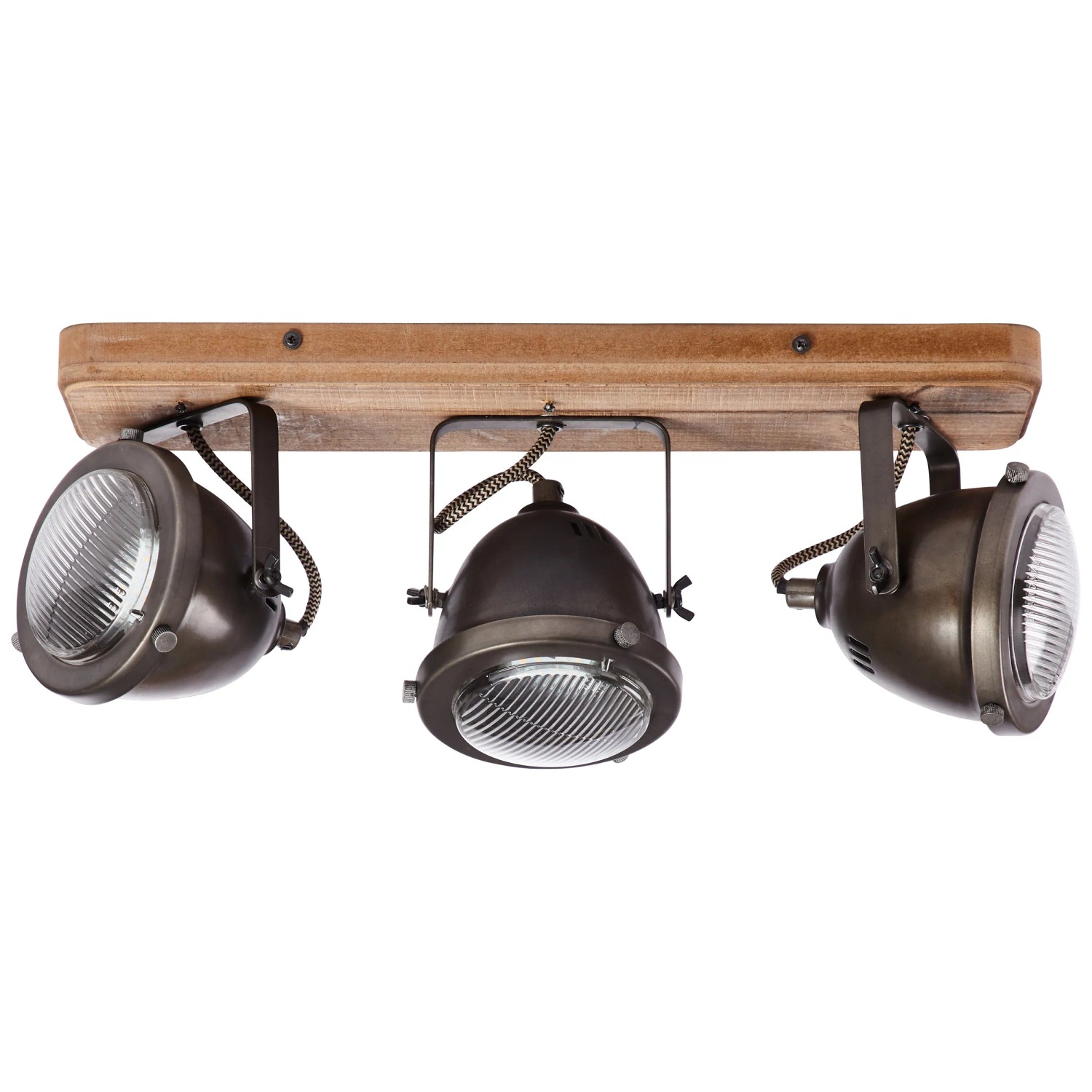 Brilliant Spot Carmen: 3-flammige Deckenleuchte aus Holz und Stahl in Burned Steel Optik.