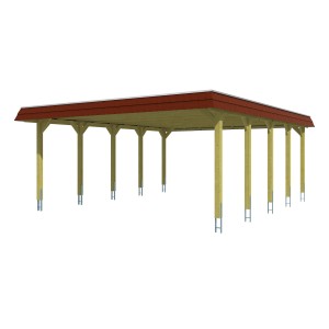 Skan Holz Doppelcarport Spreewald mit Walmdach und roter Blende, Holzkonstruktion mit Aluminiumplatten.