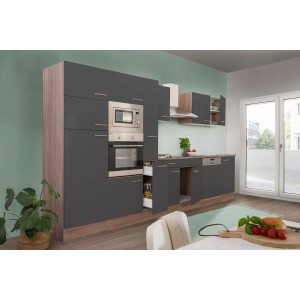 Moderne Respekta Küchenzeile KB370 in Grau Seidenglanz und Eiche York Optik mit E-Geräten.