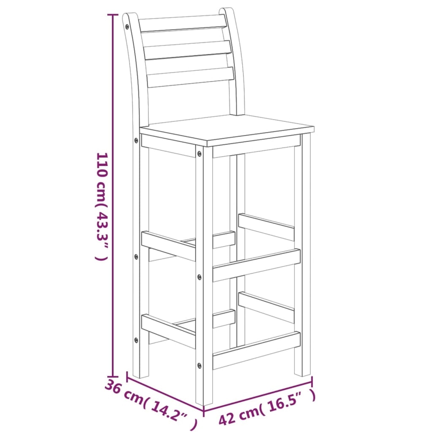 Skizze einer 3-tlg. Garten-Essgruppe vidaXL aus Akazienholz, bestehend aus Tisch und zwei Stühlen mit Maßen.