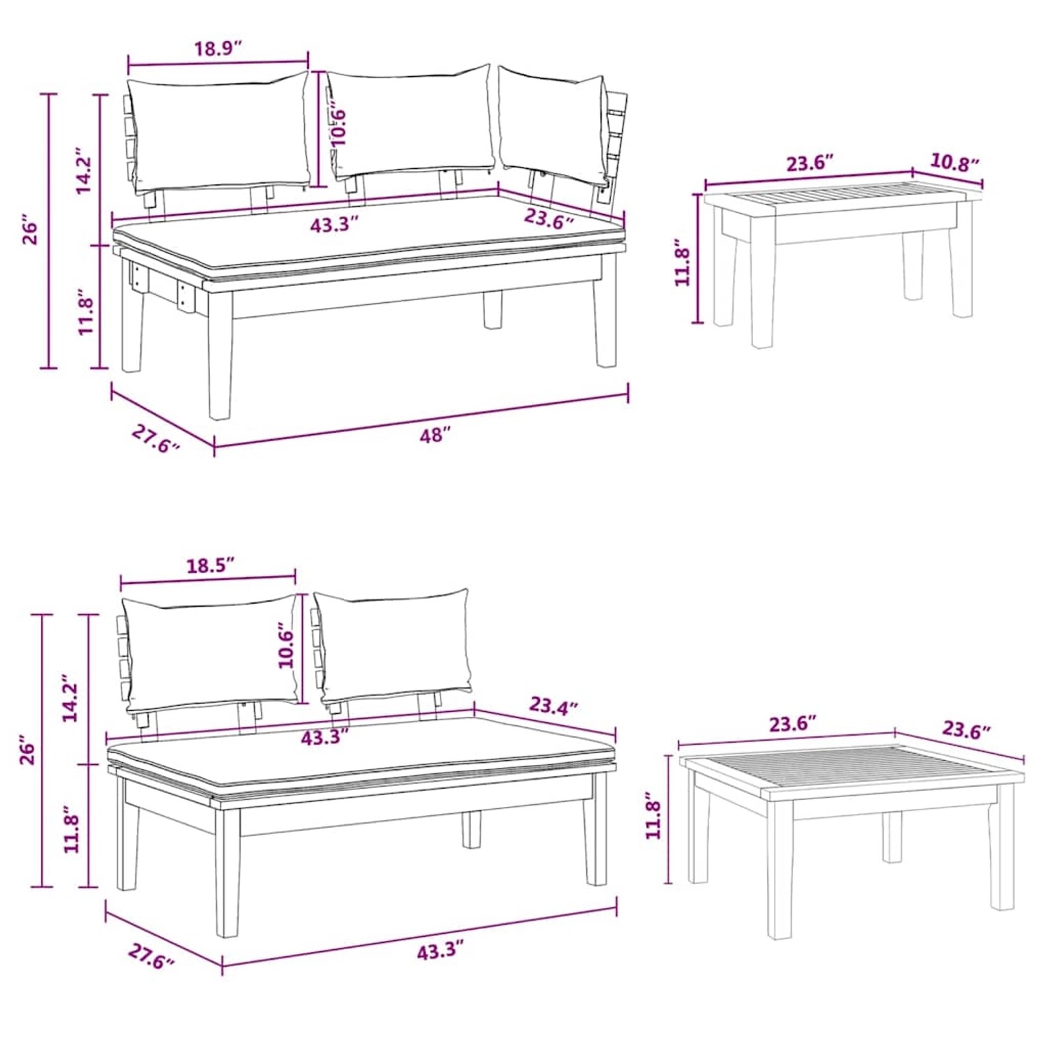 vidaXL Gartenbänke Set, braun/grau, mit Kissen und Stauraum. Gartenmöbel für 4 Personen.