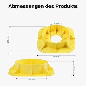 Gelbe Wiltec Stützradunterlage mit Maßen: Ø236mm, Höhe 51mm. Für Anhänger & Wohnwagen, 900kg Traglast. Verhindert Einsinken.