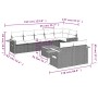 Graue 9-tlg. vidaXL Garten-Sofagarnitur aus Polyrattan mit Kissen und Tisch. Abmessungen sind eingezeichnet.