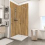 Schulte Duschrückwand DecoDesign Schwarzwaldeiche, 255x150cm, im Badezimmer mit Dusche.