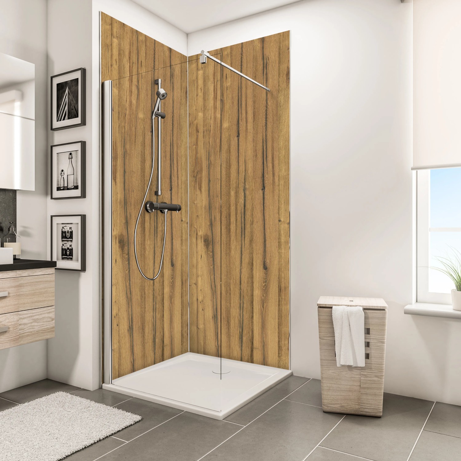 Schulte Duschrückwand DecoDesign Schwarzwaldeiche, 255x150cm, im Badezimmer mit Dusche.