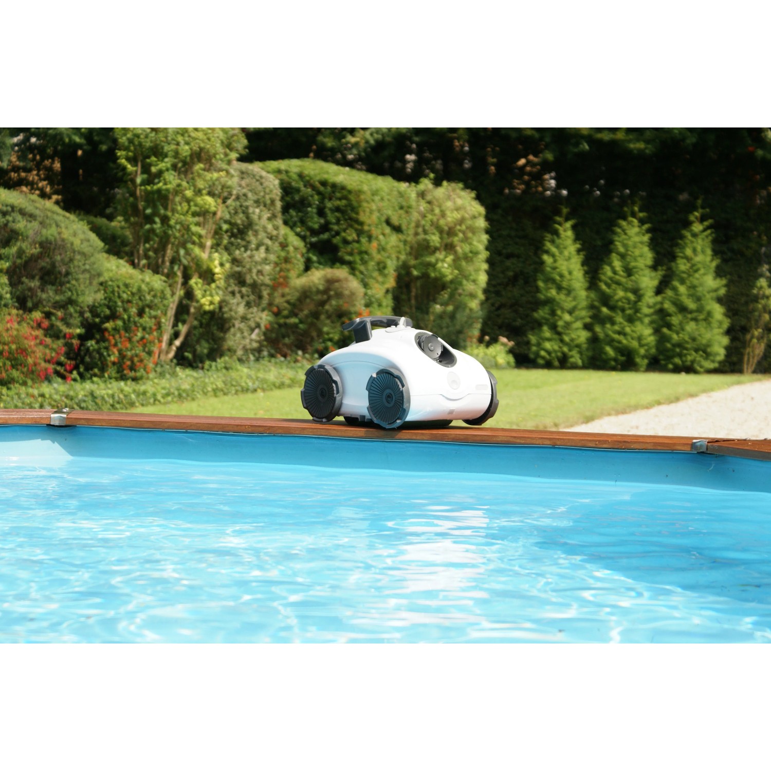 Interline Poolroboter King Crab 5210 am Poolrand. Automatischer Poolsauger für sauberes Wasser.