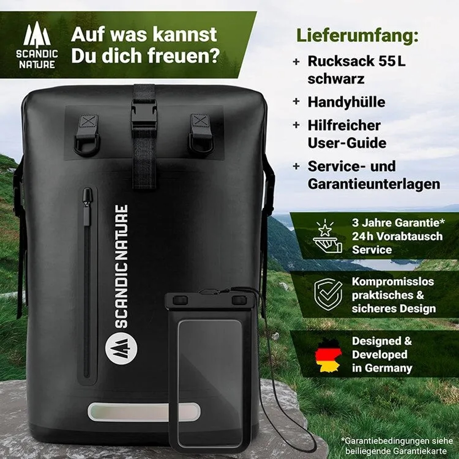 Schwarzer SCANDIC NATURE Rucksack Pioneer 55L, wasserdicht, mit Handytasche.